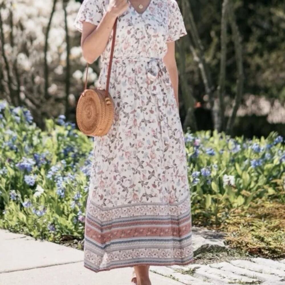 KNOX ROSE Women's Floral Print Faux Wrap Short Sleeve Cottagecore Maxi Dress L